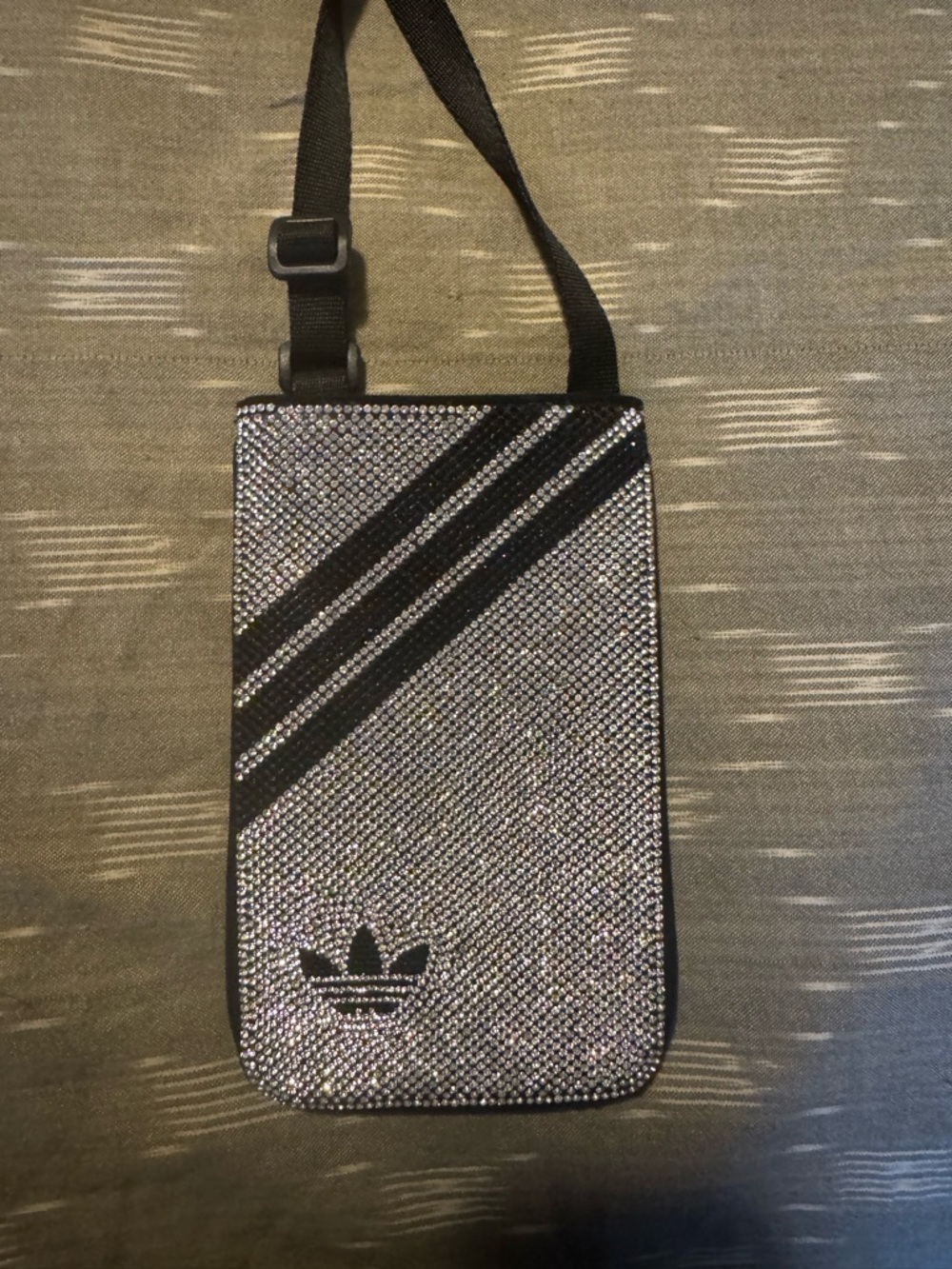 adidas Silver Crystal Crossbody Pouch with Black Stripes NWOT